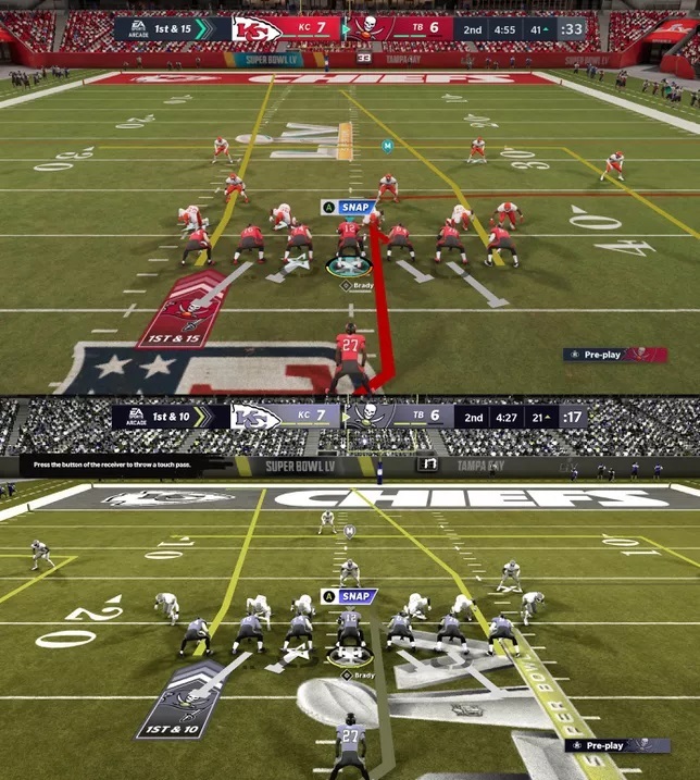 EAのゲーム「Madden NFL」の通常の画面と、色が調整された画面