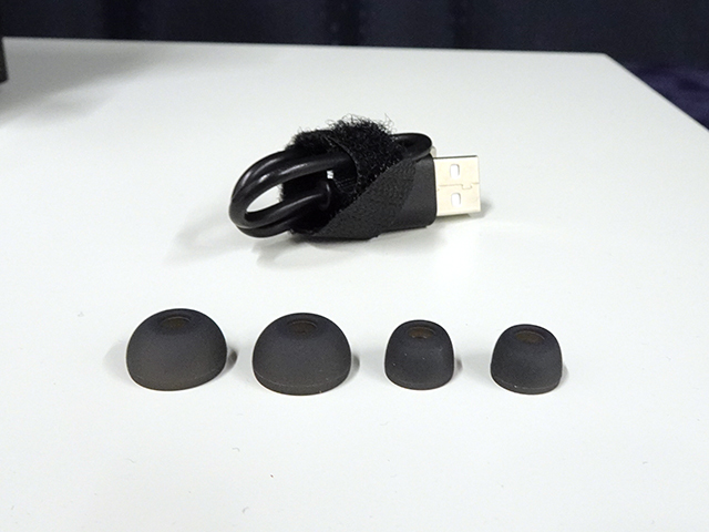 3サイズ（S/M/L）のデュアルレイヤー・シリコン・イヤーチップと充電用USBケーブルが付属する。