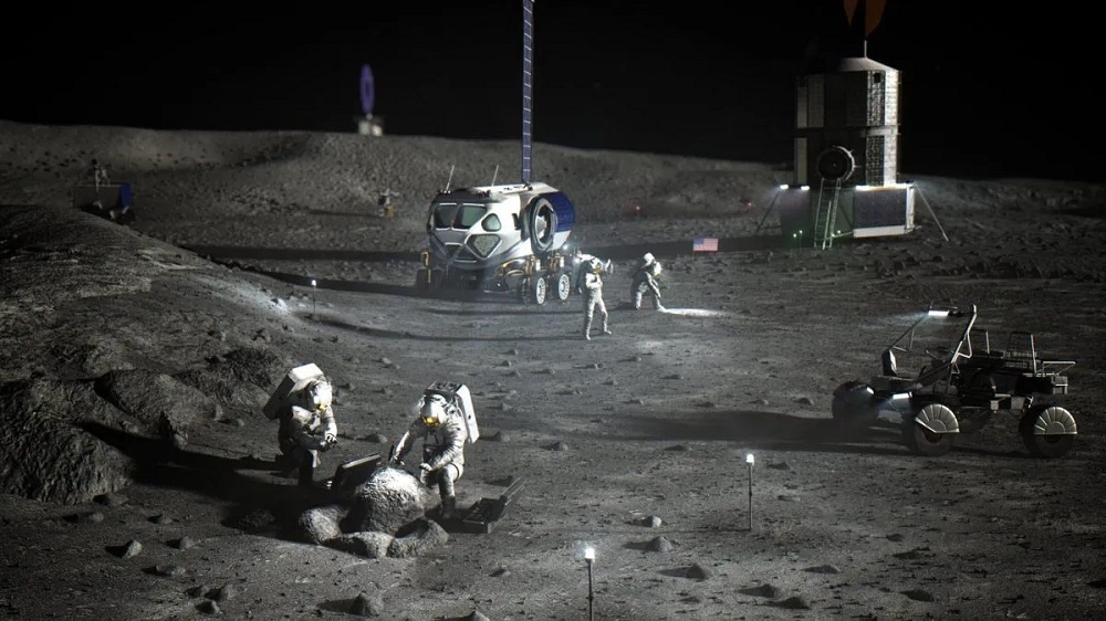 月面ので作業する人々