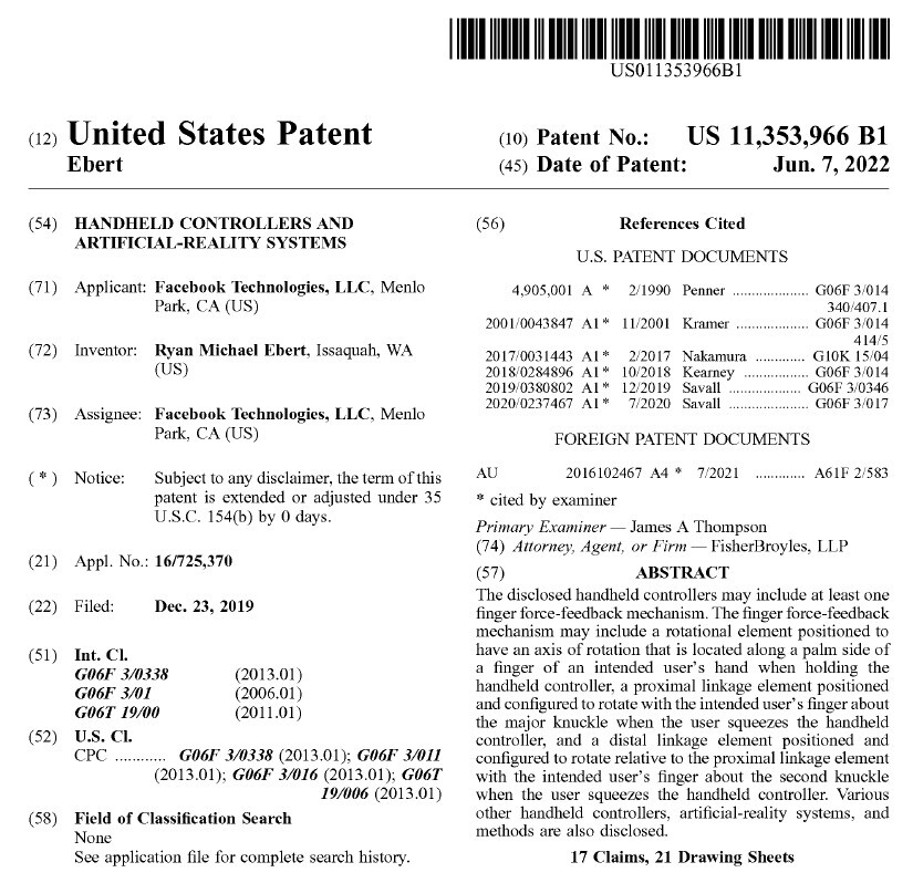 登録されたFacebook Technologiesの特許（出典：USPTO）