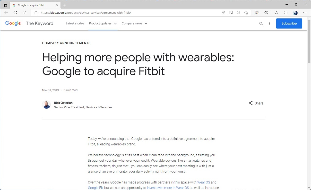 Fitbitの買収は、19年11月に発表された