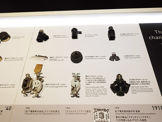 2灯用クラスタなど、昭和初期の懐かしい配線器具が並ぶ