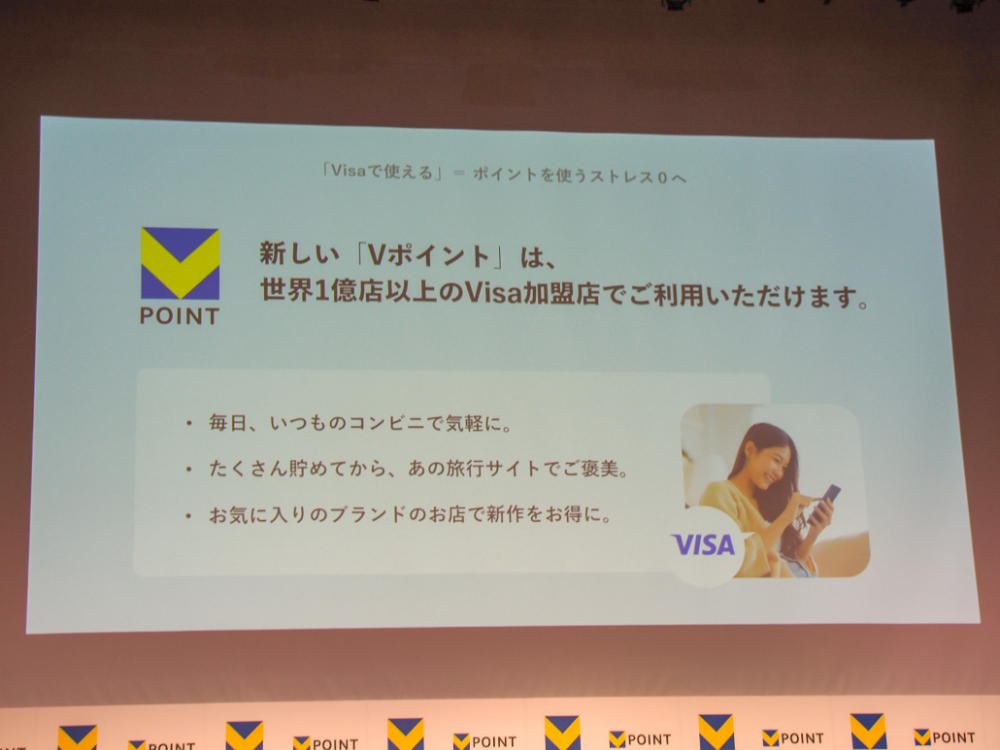 新しいVポイントはTポイント加盟店に加え、従来のVポイント同様Visa加盟店での利用が可能。日本だけでなく世界で利用できる点が特徴の1つに打ち出されている