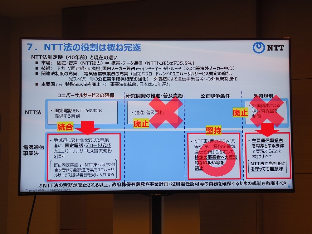 NTTは研究開発の開示義務や固定電話のユニバーサルサービス等の見直しが進み、NTT法によらない外資規制を定めることで、必然的にNTT法は廃止されるとの見方を示している
