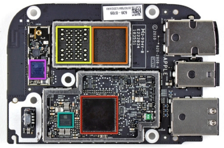 Apple TVのメインボード。A4チップ（赤）、サムスンNANDフラッシュ（オレンジ）、Broadcomチップ（紫）。