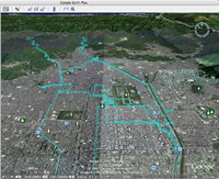 GoogleEarthにGPSデータをはってみた。これは京都を走ったときの軌跡。