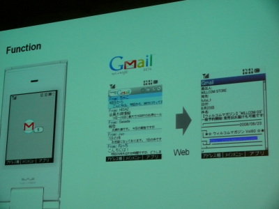 ウィルコムガジェットのイメージ。Gmailの例で、メールがあるとデスクトップに件数が表示される。リストは定期的に通信しており、読みたいものだけネットにアクセスして読むしくみ