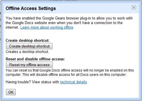 Google Gears Offline Access Settings