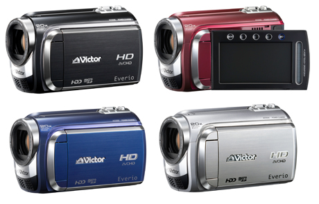 「Everio GZ-HD320」クリアブラック（左上）、「Everio GZ-HD300」右上からルージュレッド、ロイヤルブルー、プレシャスシルバー