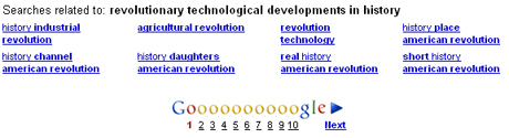 「revolutionary technological developments in history」で検索した場合の検索候補ワード