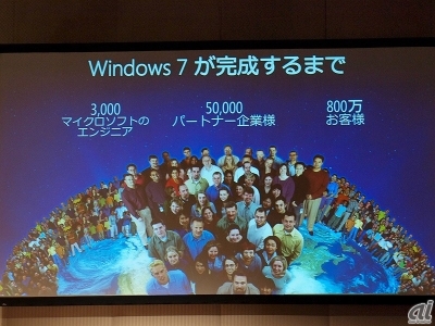 Windows 7は3000人の同社エンジニア、5万社のパートナー企業、800万のユーザーが参加し、「2年半から3年間」かけて開発された。日本のITプロの30％が発売前にWindows 7をテストしたそうで、こうしたフィードバックによって「より多くのことを少ない資源で実現する」ことを可能にしたという