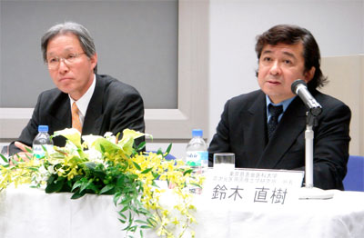 日本SGI、代表取締役社長の和泉法夫氏（左）と、慈恵医大高次元医用画像工学研究所所長の鈴木直樹氏。