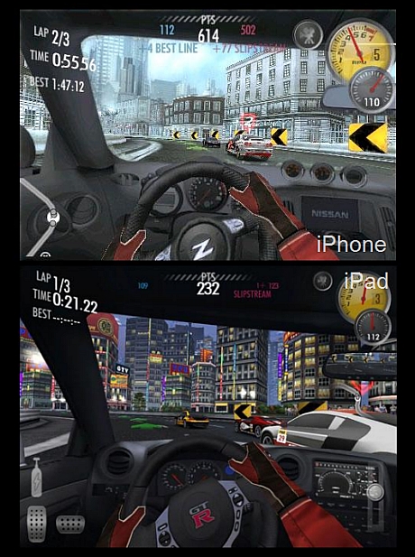　Electronic Arts（EA）の「Need for Speed Shift for iPad」は、最初にiPad用として披露されたゲームの1つだ。また、iPadを仮想のハンドルとしてあちこちに動かすため、公の場所で変な人だと思われそうなゲームでもある。

　このゲームのiPad版には、いくつかの気の利いた改良が加えられている。最も目につくのは、テクスチャと車の細部（内部、外部とも）が改善されていることだ。また、iPad版では車種が8種増えており、コースでスピードを上げるときの加速感覚がよりリアルになっている。

　Need for Speed Shift for iPad（14.99ドル）