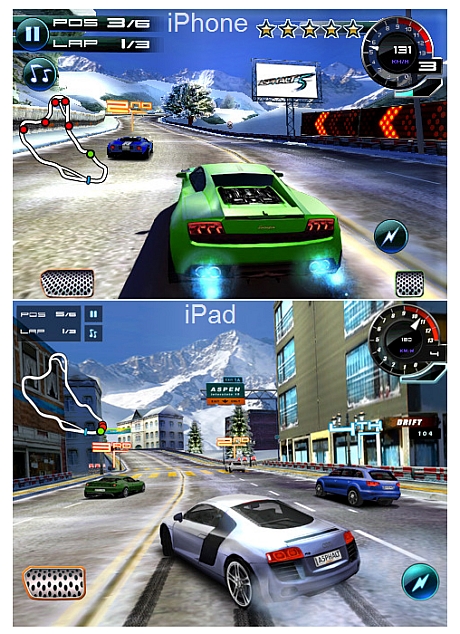 　Gameloftの「Asphalt」シリーズは、EAの「Need for Speed」シリーズの好敵手だ。iPhone、iPod touch版と比べて、iPad版AsphaltではUIが全面的に変更されている。

　最も顕著な改善点は、コースのミニマップやユーザーの位置といったHUD要素のすべてを表示する画面上のスペースが広くなっていることだ。スクリーンショットを見ただけでは、大したことではないように思えるかもしれないが、こうしたレーシングゲームでは、ユーザーの指が画面の左下と右下の隅をほぼ常時覆っていることに注意してほしい。iPad版のこうした改善により、自分が今していることを確認するためのスペースが拡大している。

　ただし、バックミラーがなくなっていることが目につく。これについては、アップデートで追加されることを期待したい。これらのレーシングゲームが利用できるスペースが広くなったことで、可能性も広がった。

　「Asphalt 5 HD」（6.99ドル）