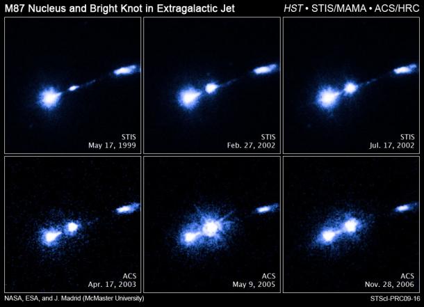 　HST-1と呼ばれる物質のかたまりがブラックホールから放射された様子。美しい光のショーのように見える。Hubble望遠鏡はこの動きを7年間追跡してきた。