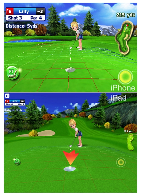 　Gameloftの「Let's Golf!」は2009年3月にリリースされた。そのiPad版は、iPhone版と比べて5ドル高いが、グラフィックがきれいになり、指で操作するためのスペースも大きくなった。

　このスクリーンショットには写っていないが、クラブ選択機能が手直しされている。クラブを1種類ずつ順番に切り替えるのではなく、ポップアウトメニューから簡単に交換できるようになった。

　サイズ比較の参考までに、コントロールとヘッドアップディスプレイ（HUD）の要素はすべて、両画面で同じ大きさだ。

　「Let's Golf! HD」（6.99ドル）
