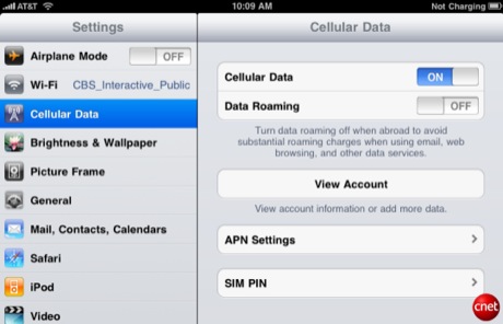 　iPad 3Gの「Cellular Data」メニューでは、3Gデータプランの設定および管理が可能。さらに、データローミング機能をオフにすることや、APNおよびSIMの情報を見ることができる。