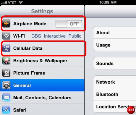 　iPad 3Gの設定メニュー。無線LANだけに対応するWi-Fi版のiPadにはないオプションが2つある。メニュー上部にある「Airplane Mode」スイッチは、iPadの3G機能を一時的に無効にする。「Cellular Data」は、3Gデータプランの設定および管理を可能にする。