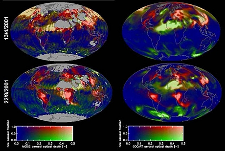 　この画像の左側は、エアロゾルの光学的深さだ。2001年4月13日と8月22日に「Moderate Resolution Imaging Spectroradiometer」（MODIS）によって観測された。右側は、Goddard Chemistry Aerosol Radiation and Transport（GOCART）モデルによる光学的深さのシミュレーションだ。この画像では、赤色が煙や汚染物質のような細かいエアロゾルを示しており、緑色が海塩や塵のような粗いエアロゾルを示している。4月の画像には、アジアから太平洋に向かう大量の塵や汚染物質の動きと、アフリカから大西洋への塵の移動が示されている。8月の画像には、アフリカ南部と南米に大きく湧き上がる煙がある。