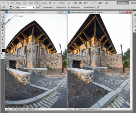 カメラやレンズの歪みと収差を補正

　「自動レンズ補正」機能では、これまで手動でしか実現できなかった作業を自動化できる。Adobeは、多数のカメラ本体とレンズを詳細に計測したうえでこのツールを開発した。そのため、樽型歪みや糸巻き歪み、画像四隅の減光、色収差によるエッジの着色を取り除くという手間のかかる作業を、Photoshopにまかせることが可能だ。

　ここに示した例は、自動レンズ補正フィルタ適用前（左）と後（右）の画像を示している。
