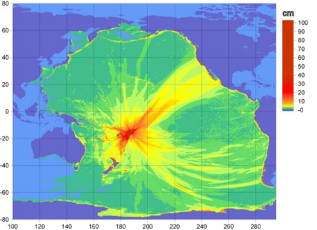 　米太平洋夏時間9月29日午前10時48分、サモア諸島地域でマグニチュード8.0の地震が発生した。その直後、米海洋大気庁（NOAA）は、ブイと衛星、コンピュータネットワークで構成される複雑なシステムを利用して、津波発生のおそれがあると太平洋沿岸の各地に通知した。

　このNOAAの津波伝播地図は、今回の地震によって発生し、太平洋全体に広がってゆく波の高さをcm単位で示している。