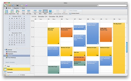 カレンダー

　1週間分の仕事の予定を見たいときは、フルカレンダービューで確認できる。予定の入力、会議のスケジュール、スケジュールの色分けが可能になっている。