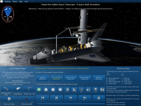 　米航空宇宙局（NASA）とDigitalSpaceの新プロジェクトである「Educational Spacewalk simulator（教育用宇宙歩行シミュレータ）」は、スペースシャトルに乗り込んだ宇宙飛行士が宇宙歩行しながらハッブル宇宙望遠鏡を修理する作業を、学生や教育者たちに体験してもらうのが目的だ。

　DigitalSpaceはNASA JSC/Neutral Buoyancy Labの協力の下、現実に最も近いモデルと宇宙歩行を再現するために、水中でトレーニング用ビデオを撮影し、それを1フレームずつ分析した。
　
　そうしたできあがったシミュレーションインターフェースがこれだ。宇宙歩行やカメラ映像へのアクセス、早送りのほか、なくなったアイテムを探し出すオプションなどが用意されている。

　シミュレータの利用には、Windowsを搭載したコンピュータと、高性能の3Dグラフィックスカードが必要だ。