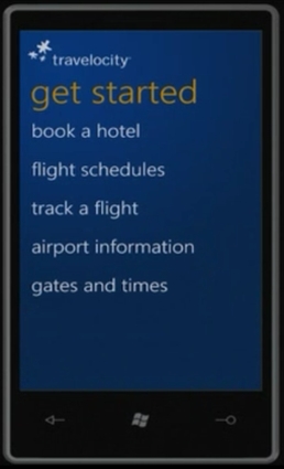 　TravelocityのWindows Phone 7用モバイルアプリケーションは、フライト情報やホテル予約など旅行に関する基本情報にアクセスできる。