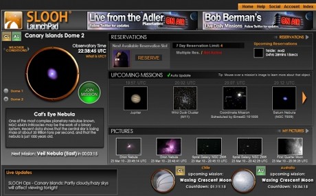 　Slooh会員限定のインターフェース。特定の天体望遠鏡からの眺めや、予定されているミッション、ユーザーが撮影した写真が表示されている。