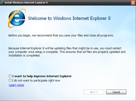 　「Internet Explorer（IE）8」をインストールしようとすると、プログラムを終了して、ファイルを保存するよう促される。IE8のインストールは、われわれのテスト下では、複数のプロセスに及び、コンピュータの再起動も必要となった。電話をかけたり、コーヒーを入れたり、体をほぐしたりするにはいい時間だ。