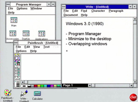　Hoefnagels氏は「われわれは『Windows 3』で、ある意味でタスクバーから離れた」と述べる。しかし、ウィンドウを重ねて表示する機能と、デスクトップにプログラムを最小化する機能が追加されたのはWindows 3.0で、1990年ごろだった。