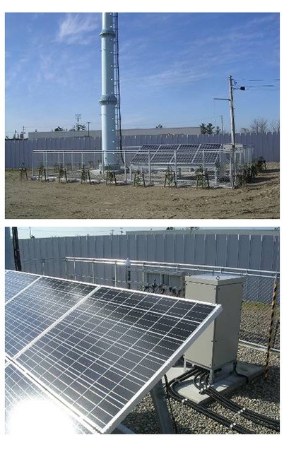 　KDDIは、太陽光発電と蓄電池、深夜電力の3つを活用するau携帯電話用基地局の運用を12月3日に開始した。第1号となる基地局は新潟県新潟市内に設置した（写真）。今後、関東を中心に10局程度開設し、フィールド実証実験をするという。ここでは新基地局の仕組みや、4月から実証データを計測している埼玉県春日部市のKDDI施設内に設置された設備の様子を写真で紹介する。