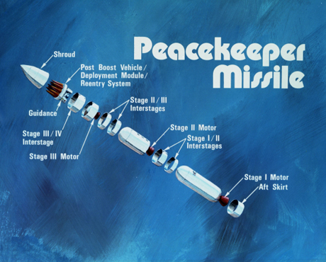 　1980年代に描かれたこの図解を見ると、Peacekeeperは、他の多くの大型ロケットと同様、多くの部分から構成されていることが分かる。この大型ミサイルは、第1段によって地上から打ち上げられた後、第2段および第3段（これらも固形燃料を使用する）によって宇宙空間まで運ばれる。その後、液体燃料を使用し誘導システムが装備された第4段が、再突入体の軌道を調整して弾頭を地上に戻す。