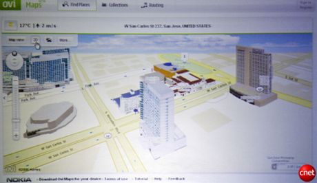 　Ovi MapsのマッププレイヤーAPIは、アニメーションする3D機構を備えたインタラクティブインターフェースとなっている。