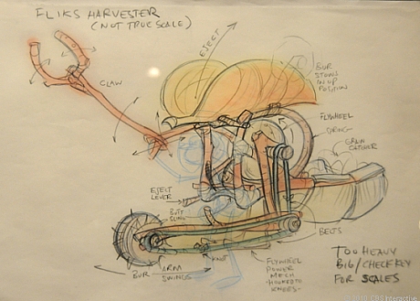 　「バグズ・ライフ」でフリックが作った収穫機の概略図。Bob Pauley氏がミックスドメディアで描く。
