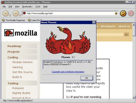 　Firefoxは、バージョン1.0が2004年11月9日にリリースされてから5周年を迎えた。同プロジェクトは、さらなる軽量さと高速さを目指しての再出発として始まった。

　Mozillaが公式に依然として取り組んでいたのは、その起源をNetscape時代までさかのぼるブラウザと電子メールソフトウェアの統合パッケージだった。しかし、Dave Hyatt氏とBlake Ross氏が作業を開始したのは、もともと「Phoenix」と呼ばれた簡易ブラウザだった。この画像は、Phoenix 0.1のロゴ。Phoenix 0.1は、同ブラウザの最初の節目となった。リリースは2002年9月だったが、その名称により、商標権侵害の申し立てをPhoenix Technologiesから受けることとなった。