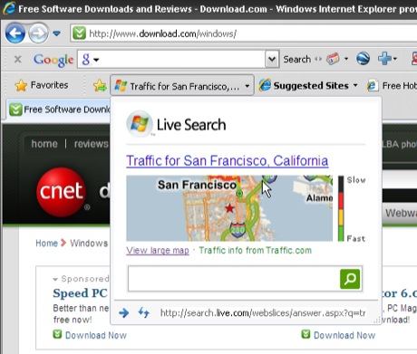 　WebSliceのアドオンを用いて道路交通量をリアルタイムに監視する「Live Traffic」。アイデアは良いと思ったが、少し使いづらい。「お気に入り」から、リアルタイムの交通情報を受け取れるのはよいが、詳しい情報を知りたいときは、地図を表示してからクリックを繰り返す必要がある。