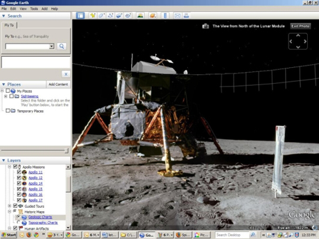 　Googleは米国時間7月20日、人類初の月面着陸40周年を記念して、同社地図サービス「Google Earth」への追加機能である「Moon in Google Earth」を公開した。

　同機能では、月面の詳細を見ることができるだけでなく、月飛行の歴史について多くの情報を提供する。この画像は、月面の宇宙飛行士から見たApollo 11号の月着陸船。画像の後ろ側には、同着陸船の3Dモデルが表示されている。地図上では様々な表示を選ぶことが可能となっている。