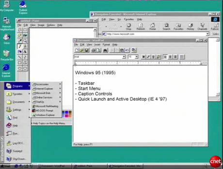 　「Windows 95」では、1997年の「Internet Explorer（IE） 4」とともに、「クイック起動」エリアのアイデアと現在のWindowsタスクバーやスタートメニューのアイデアが追加された。「本当の意味で最初にタスクバーを導入したのはこのときだ」（Hoefnagels氏）