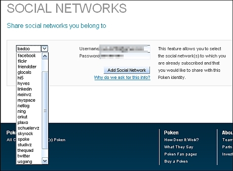 続いてPokenに登録したいソーシャルネットワーキングサービスを選ぶ。そのサービスで自分が使用しているIDが、Pokenした相手にも通知される。