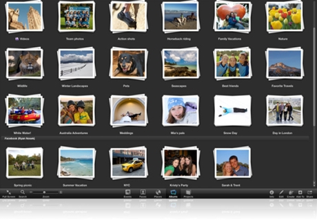 iPhoto '11のFacebookアルバム

　新しいiPhotoは、Facebookとの連携が進化している。例えば、ユーザーのアカウントと連携し、iPhoto内からFacebookプロフィールのアルバムを閲覧することができる。
