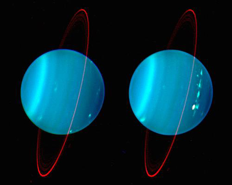 　Keck望遠鏡の補償光学装置で得られた、天王星の2つの半球を表す赤外線合成画像。

　青、緑、赤という色成分は、それぞれ1.26、1.62、2.1ミクロンの近赤外線波長で撮影された画像から得られたものだ。これらの画像は、2004年7月11日と12日に撮影された。

　リングが赤っぽくなっているのは、こうした赤外線画像の表現上のバランスのためで、大気の縦方向の構造を表すためにこのような表現が採用された。作業上の人為的な結果だ。北極は4時方向にあたる。