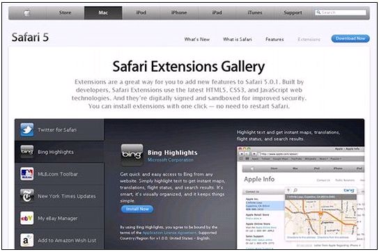 Safari Extensions Galleryのトップページ。このページから各種アドオンをインストールできる。
