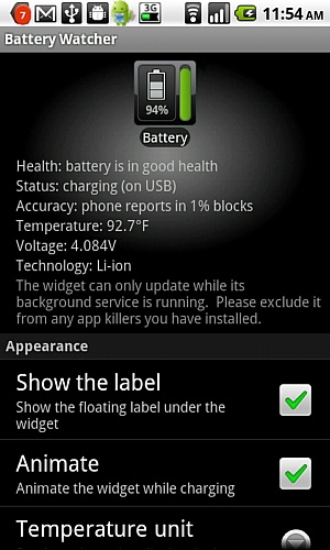　Battery Watcherの設定画面。
