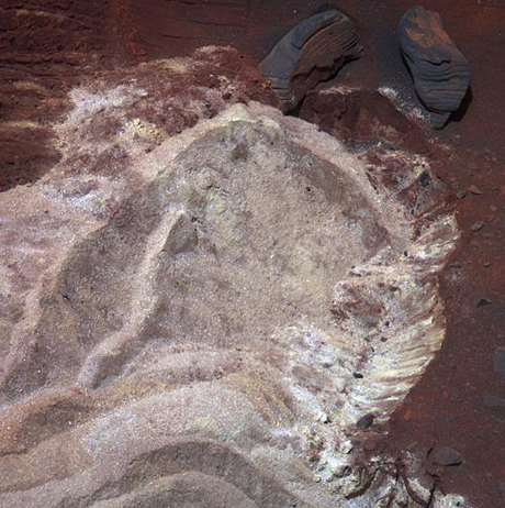 　2009年4月29日（火星滞在1892ソル目）、それぞれ波長が750ナノメートル、530ナノメートル、430ナノメートルのフィルターを通して3枚の画像が撮影された。これは、その3枚を合成した画像だ。
