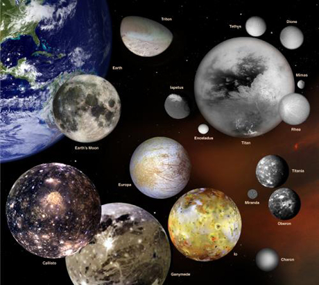 　このフォトイラストは、太陽系にある衛星をいくつか選んだもので、衛星同士および地球に対する相対的な大きさが正しくなるようにしてある。

　ここにあるのは、地球の衛星である月、木星の衛星カリスト、ガニメデ、イオ、エウロパ、土星の衛星イアペトゥス、エンケラドゥス、タイタン、レア、ミマス、ディオネ、テティス、海王星の衛星トリトン、天王星の衛星ミランダ、チタニア、オベロン、そして冥王星の衛星カロンである。