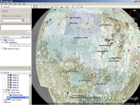 　Moon in Google Earthには米航空宇宙局（NASA）提供の月面データが含まれている。地図データは、訓練中の宇宙飛行士、さらには宇宙管制センターにより使われた。