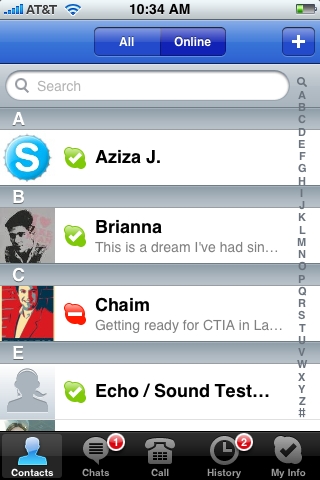 Contacts画面

　ここから先のインターフェースは、iPhone版独自のものとなり、Appleが定めているインターフェースに沿ったものが採用されている。Contacts画面では、フィルタ機能により、連絡先をアルファベット順に並べ替えたり、オンラインになっているかどうかによって並べ替えたりできる。