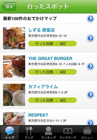 自分が訪問したお店の一覧を訪問回数順に確認できる。