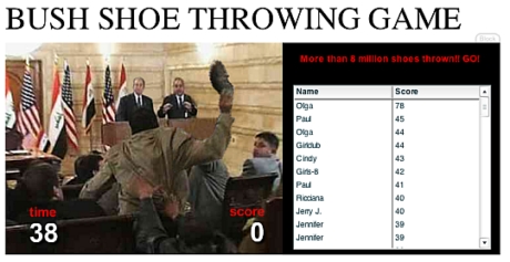 　必ずしもすべてのニュースゲームが巧みなタイトルを付けているわけではない。「Bush Shoe Throwing Game」は、前出の靴投げ事件に基づくさらにもう1つのゲームである。一部では、このゲームが同じテーマを扱った中で最高であったとする声もある。事件が起きた際の実際の写真を組み込んでいたためである。